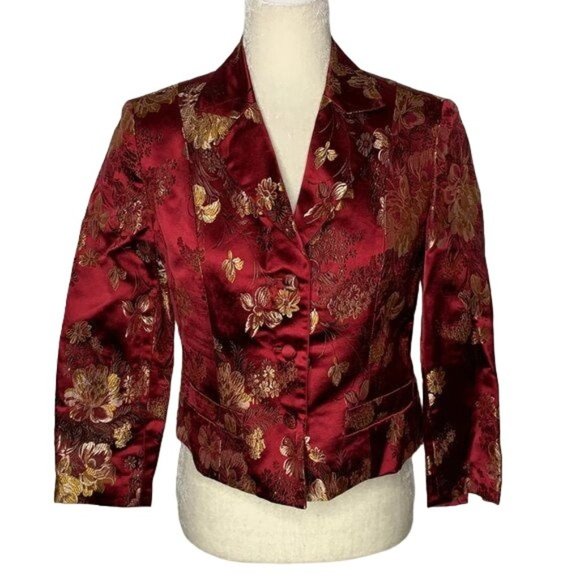 Newport News Jackets & Blazers - Newport News Asian Inspired Jacquard Blazer 4 Red Gold Buttons 3/4 Sleeve NEW